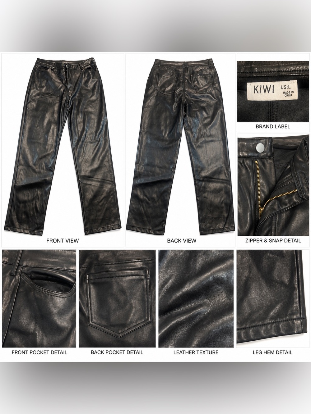 KIWI Women’s Large Black Faux Leather Pants Straight Leg 30” Inseam